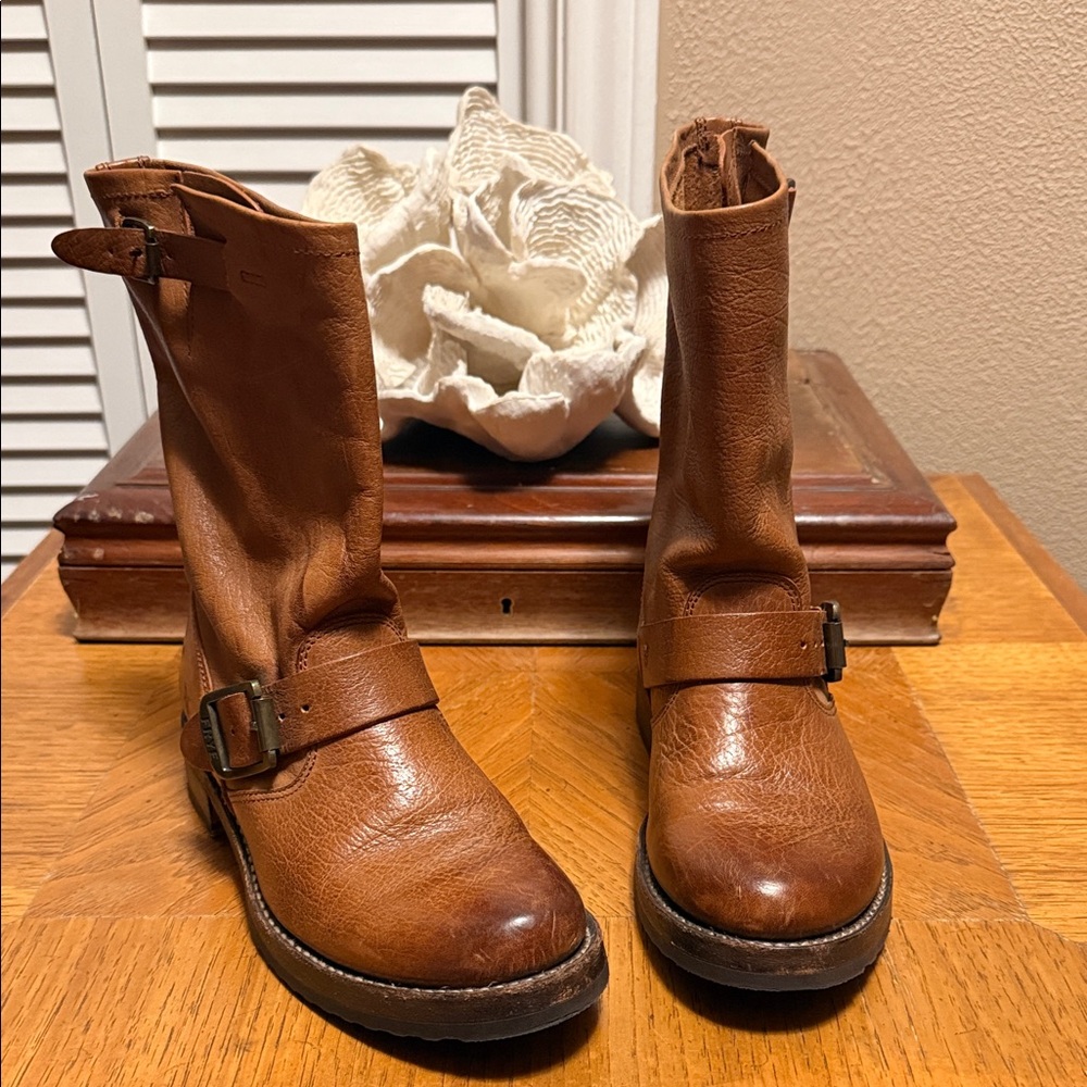 FRYE Veronica flex Short Brown Leather Moto Boots * Worn Once! - Picture 4 of 12